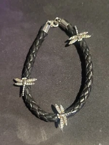  Black leather Braided Rope Bracelet sterling silver With Charms  - Picture 1 of 4