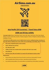 Asia Pacific Travel Data eSim (20 Countries) 10GB with 30day validity AirSims - Picture 1 of 1