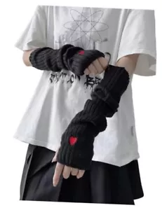 Women's Heart Knit Arm Warmers Y2k Arm Sleeves Fingerless Gloves One-Size Black - Picture 1 of 7