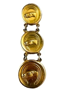 VTG Equestrian Brooch Gold Over Brass Three Horse Dangling Circle Racing Rare - Picture 1 of 6