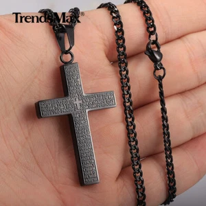 For Men Boy Black Stainless Steel Jesus Christ Cross Pendant Necklace Curb Chain - Picture 1 of 16