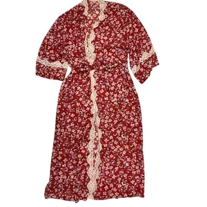 Victoria’s Secret Chiffon Lace Long Floral Robe Kimono Small Red Pink Tie - Picture 1 of 13