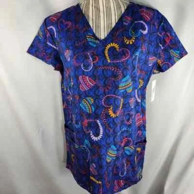 B Scrubs NWT Blue w/ Multicolored Heart Print Scrub Top Size Medium - Image 1 of 4