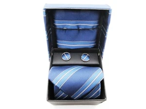 Nuevo Clericci Clásico Corbata para Hombre Juego de Corbata, Hanky y Gemelos Azul Blanco a Rayas - Imagen 1 de 7