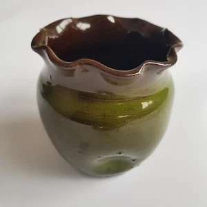 Studio art pottery brown green glazed pot vase ruffle edge indented VTG Belgium - Picture 1 of 12