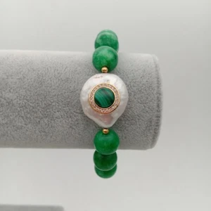 Green Jade White Coin Pearl Cz pave Malachite Stretch Bracelet - Picture 1 of 5