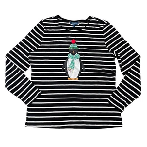 Karen Scott Womens Size L Jolly Penguin Graphic Striped Top Deep Black - Picture 1 of 12