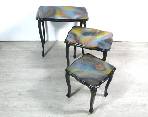 3 Nesting Tables Queen Ann Style marbled Epoxy on black very beautiful handmade Cover