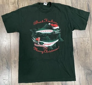 Vintage 1993 Best Fishes Merry Christmas Fish Funny Holidays Large Green Shirt - Picture 1 of 4