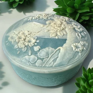 Vintage INCOLAY blue lidded stone trinket box with view of mountains and flowers - Picture 1 of 5