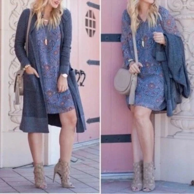 CAbi #3295 Provincial Shirt Dress Size Medium Blue Brown Floral Long Sleeve - Image 1 of 4