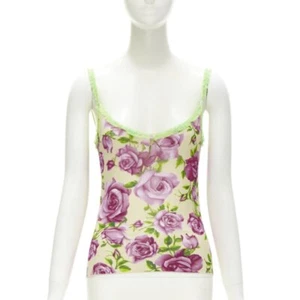 D&G DOLCE GABBANA Vintage Y2K pink rose green ruffle trim cami tank top XS - Picture 1 of 9
