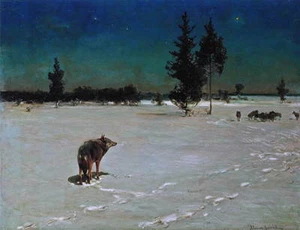 Wolves dark snowy night by Alfred Kowalsky-Wierusz vintage art - Picture 1 of 1