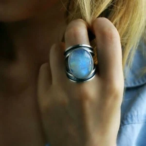 Anillo De Piedra Lunare Naturale Azul Para Mujer Joyería Plata Moda Lujo Elegante - Foto 1 di 6