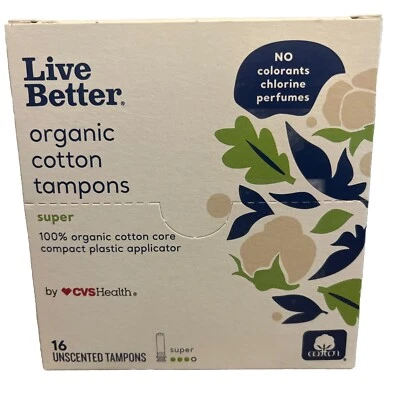 Tampones de algodón orgánico Live Better CVS Health SUPER 16 quilates sin perfume Foto 1 de 4