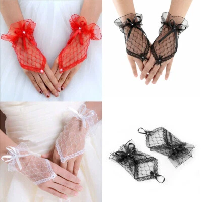 Womens Short Lace Half Finger Gloves Bridal Wedding Fingerless Bowknot Accessory - Image 1 of 4