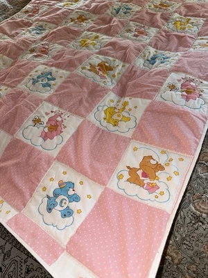 Vintage Care Bears  Hand Quilted Poly Filled Printed Fabric Quilt Blanket 52”x42 - Image 1 of 4