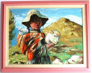 VINTAGE PALETTE OIL PAINTING ON WOOD PANEL SIGNED LATIN AMERICAN SHEPHERD GIRL - Picture 1 of 11