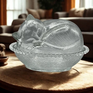 Vintage Indiana Glass Sleeping Cat on a Nest Candy Dish, EXCELLENT CONDITION - Picture 1 of 6