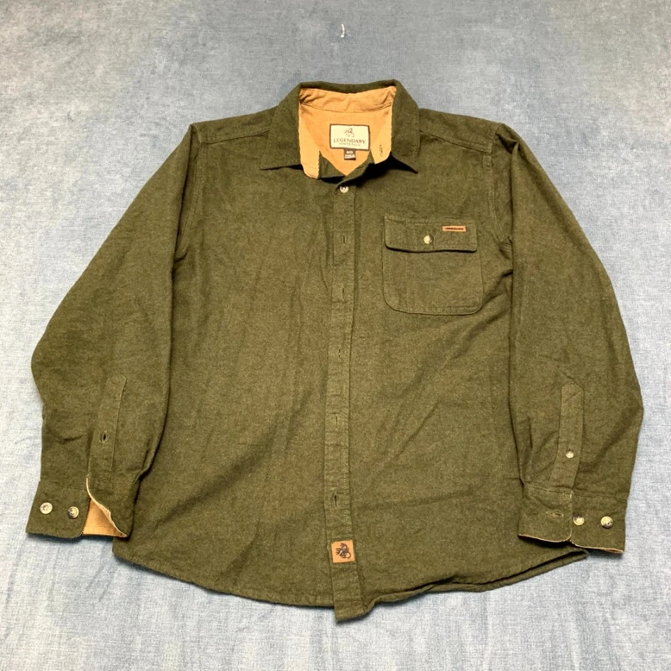 Legendary Whitetails Shirt Men Medium Olive Green Cotton Split Pleated Button Up - Image 1 of 4