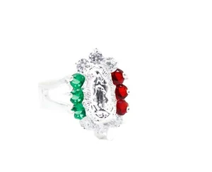 Virgen de Guadalupe Mexiko Flagge CZ Einfassung Ring 0,925 Sterlingsilber - Bild 1 von 4