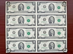 $2 Two Dollar Bills Uncut Currency Sheet - Two Columns of Four, 8 Notes - $16 - Picture 1 of 7