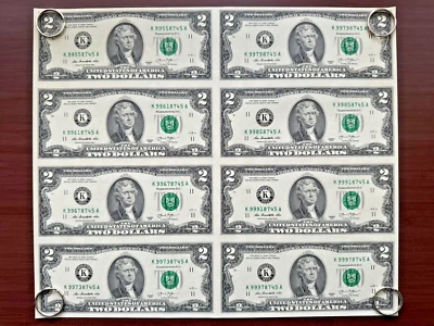 $2 Two Dollar Bills Uncut Currency Sheet - Two Columns of Four, 8 Notes - $16 - Image 1 of 4