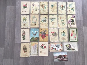 LOTE de 24 postales de felicitación de cumpleaños de principios de 1900 cesta casa con corona de flores - Imagen 1 de 7