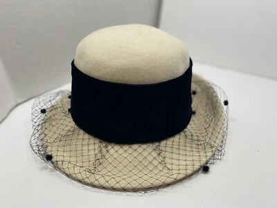 Vtg Church Hat Betmar New w Tags Cream w Black Veil Tea Kentucky Derby Bucket - Image 1 of 4