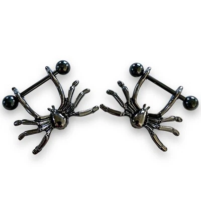 14g Pair Black PVD Spider Bug Gothic Nipple Rings - Image 1 of 3