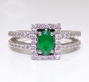 14K White Gold 0.50ct. Natural Green Emerald & Diamond Halo Ring Size 4.25 FZ - Picture 1 of 5