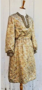 1960s Vintage Carlye Gold Brocade Paisley Dress Womens 10/4* Beaded Belted EUC - Picture 1 of 15