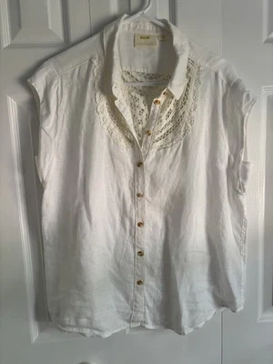 Anthropologie Maeve Ivory Cream Linen Lace Detail Blouse Shirt Boho Top Large - Image 1 of 4