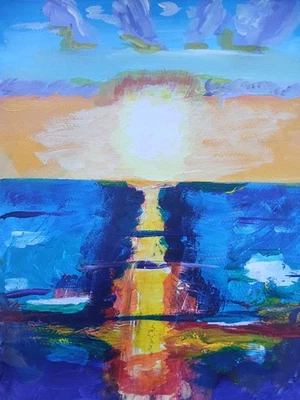 Sunlit Days abstracto malhumorado océano escena con colorido cielo y agua 11x14 acrílico Foto 1 de 4