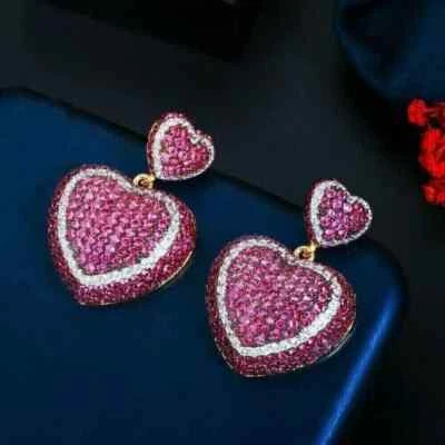 3Ct Round Cut Lab-Created Pink Ruby Drop/Dangle Earrings 14K Yellow Gold Plated - Image 1 of 3