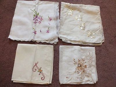 Ladies Handkerchief Set 4 Embroidered  Monogram "F" Cocoa Purple Cream Green - Image 1 of 3