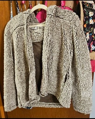Coffee Shop Hooded Jacket Womens Medium Faux Fur Brown Sherpa Fleece Foto 1 de 2