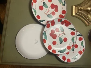Set of 6 Pottery Barn Cherry Enamel Salad Plates Metal Trim - 8" - Discontinued - Picture 1 of 3