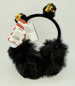 Cat & Jack Girls Earmuffs One Size Black W Gold Sequin Soft Plush Knit - Picture 1 of 5