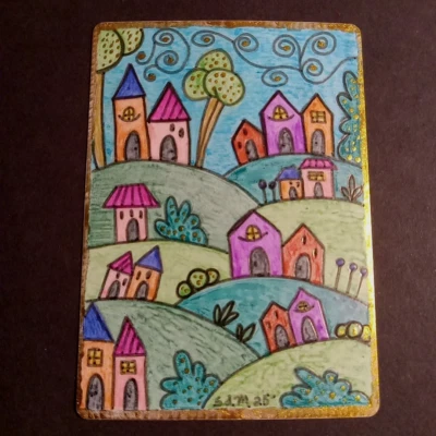 Tarjeta de arte original ACEO medios mixtos HECHA A MANO artista: Sabrina de Man "Nuestra ciudad"  Foto 1 de 4