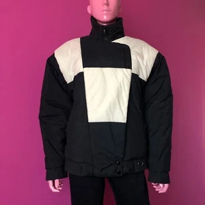 Vintage 90s L Ski Jacket Colorblock Black White Geometric Snow Winter Puffy Coat - Picture 1 of 11