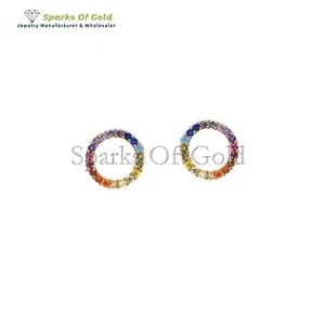 Aretes circulares de zafiro arco iris de oro amarillo de 14 k regalo de cumpleaños para niñas - Imagen 1 de 4