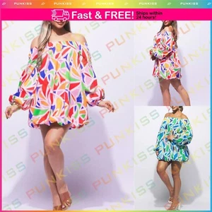 Women's Printed Off Shoulder Bubble Hem Long Sleeve Party Mini Dress Casual - Picture 1 of 9
