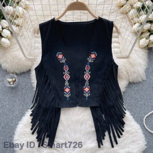 Women Faux Suede Waistcoat Sleeveless Jacket Cardigan Embroidery Fringe Fashion - Picture 1 of 26