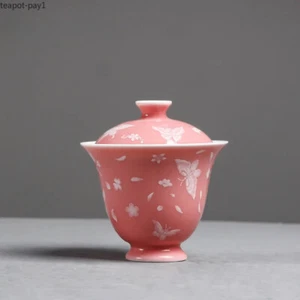 Pink Colored Glaze Ceramic White Butterfly Cover Bowl with Lid Chinses Gaiwan - Picture 1 of 2