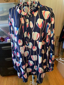 TALBOTS Navy Blue Floral Tulip Print Ruffled Collar Blouse Top - Size 3X - Picture 1 of 6