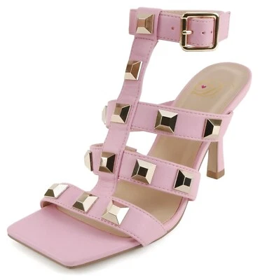 Soda Mujeres Tacón Alto Tobillo Multi-Correa Puntera Cuadrada Pescador Tachonado Upton Rosa Foto 1 de 4