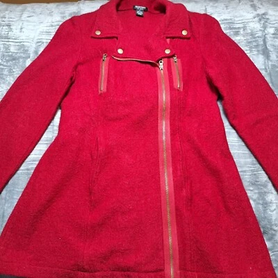 CLOTHES by REVUE 100% Wool Midi-Length Coat Sz L Crimson Red Belted Zip Front - Image 1 of 4