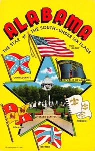 Postcard AL: Alabama The Star of the South Under Six Flags, Unposted, 1950's - Imagen 1 de 2