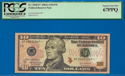 2004A $10 FRN Atlanta star PCGS 67PPQ 3rd finest Fr 2309-F* low serial 00001547* - Image 1 of 3